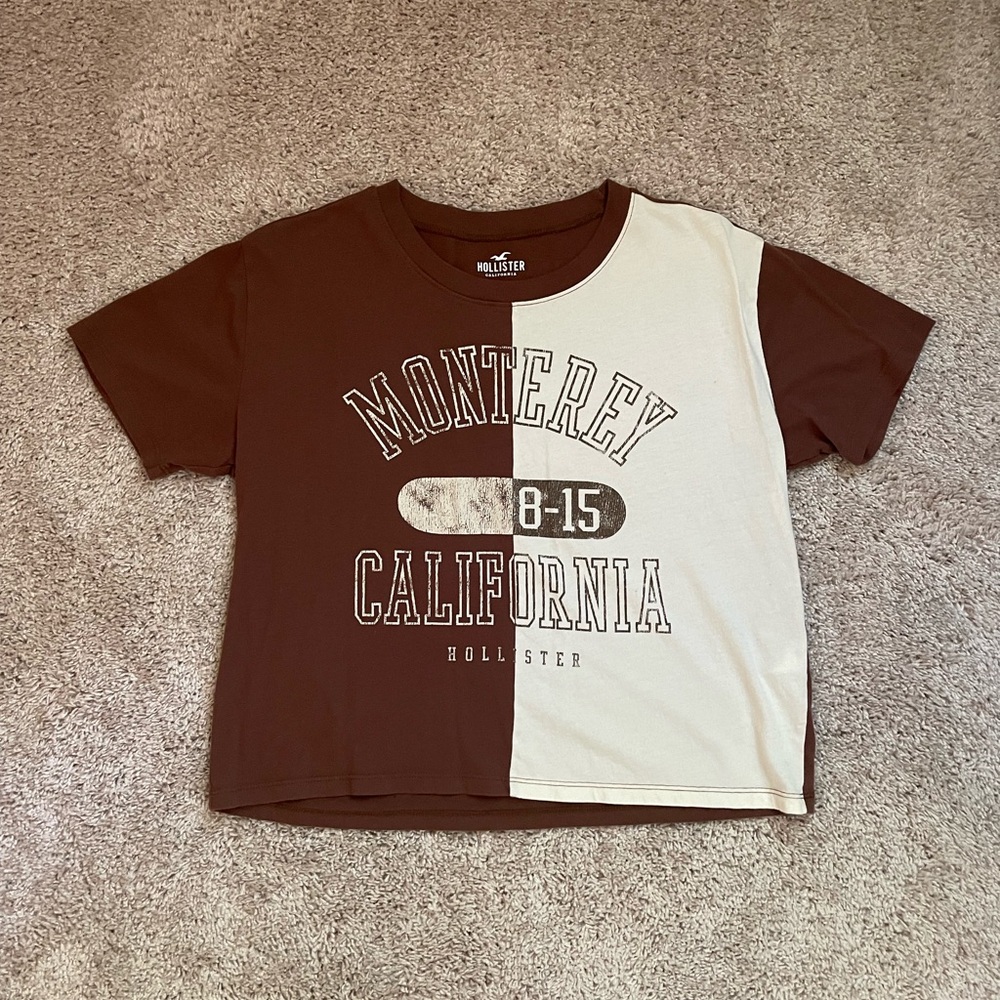 Hollister Graphic Short Sleeve T-Shirt Colorblock Brown and Cream Size S